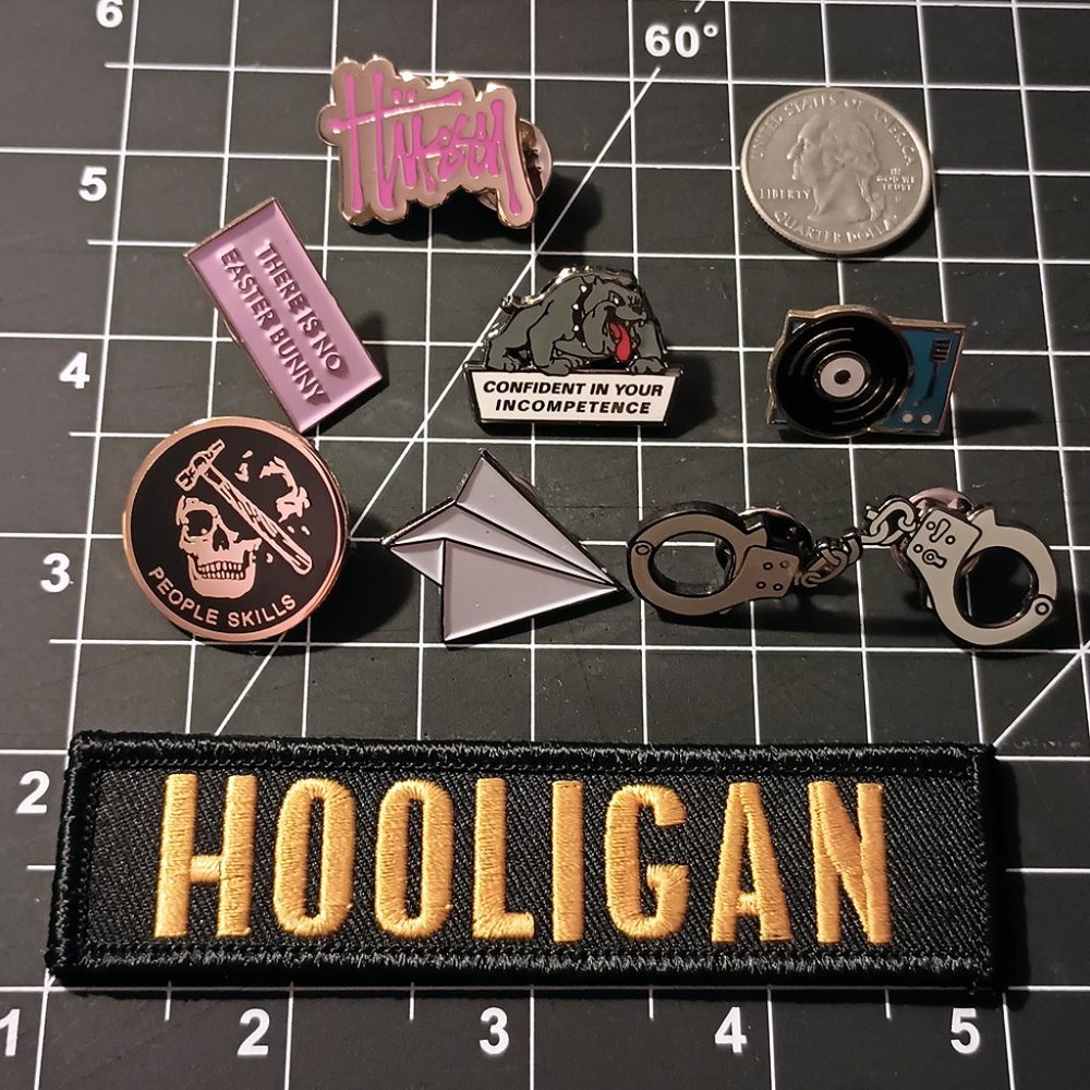 Hooligan 9-piece flair lot enamel pin pins embroidered patch humor edgy punk
